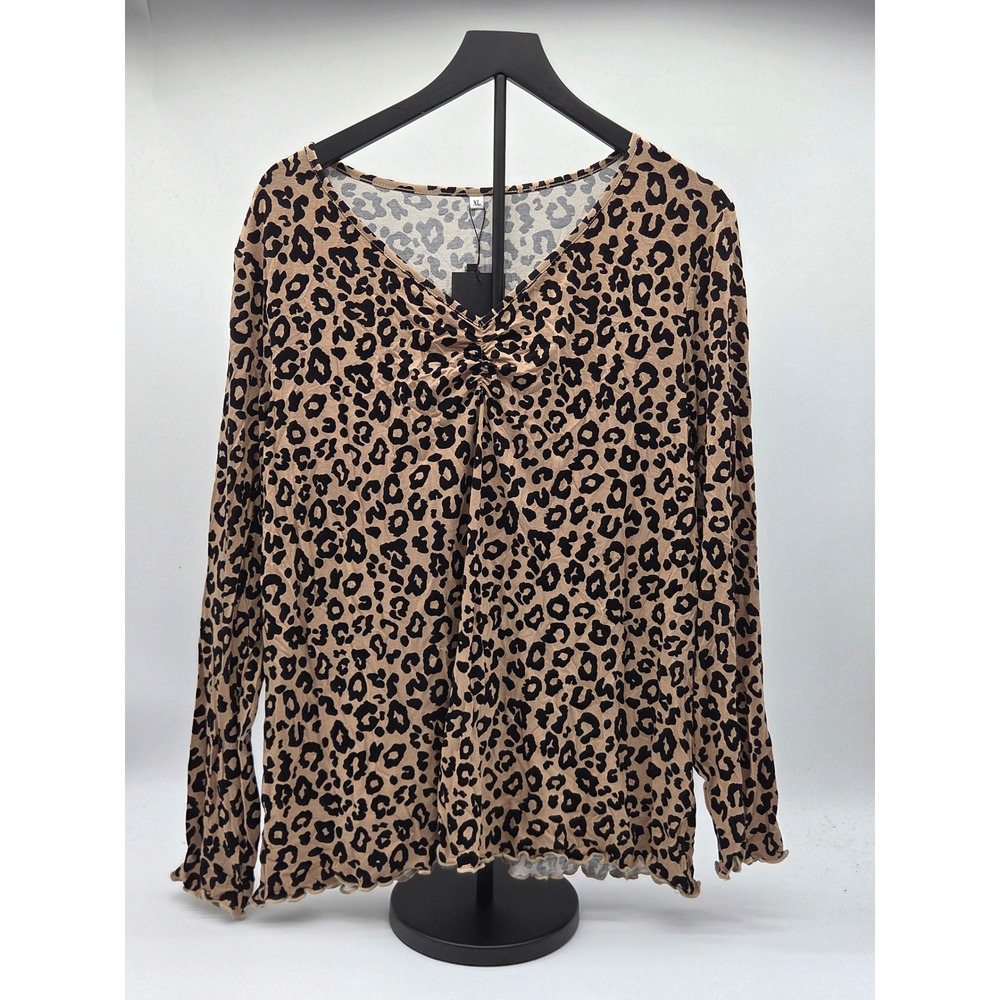 PrinStory Women's XL Leopard Print Ruched V-Neck Long Sleeve Top NWT 101-839
